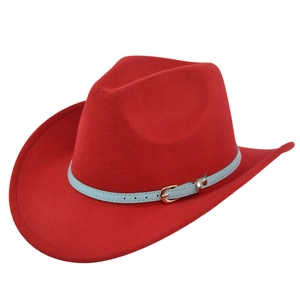 Close-up of red felt cowboy hat featuring a gray-blue leather belt and gold metal buckle