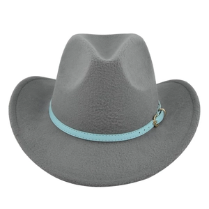 Detail of grey felt cowboy hat featuring light blue perforated belt and gold buckle