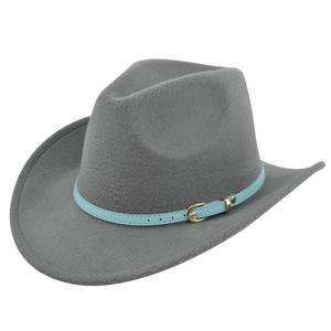 Detail of grey felt cowboy hat featuring a blue leather band and golden buckle