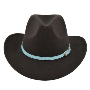 Detail view of brown felt cowboy hat featuring a light blue belt and golden metal buckle