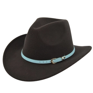Detail of dark brown felt cowboy hat with light blue leather strap and gold buckle