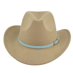 Khaki felt fedora hat with wide brim and light blue leather belt decorative band
