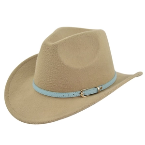 Detailed close-up of khaki felt cowboy hat featuring light blue belt and gold buckle