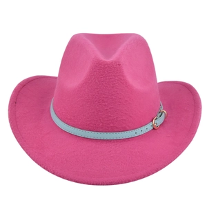 Rose pink western cowboy felt hat with wide brim and light blue leather buckle band