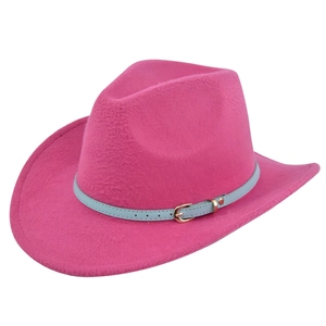 Close-up of rose red felt cowboy hat featuring a light blue leather band and gold buckle
