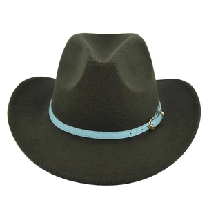 Detail of dark green wide-brim felt fedora with blue strap and gold buckle