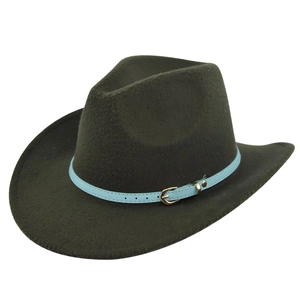 Detail of retro felt cowboy hat with blue leather strap and golden metallic buckle