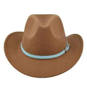 Detail view of brown felt cowboy hat featuring a light blue belt and gold metal buckle