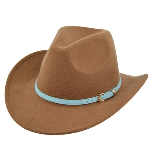 Close-up of brown felt cowboy hat featuring a light blue belt and gold buckle detailing
