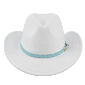 Detail of a white felt cowboy hat featuring a light blue leather band and golden buckle