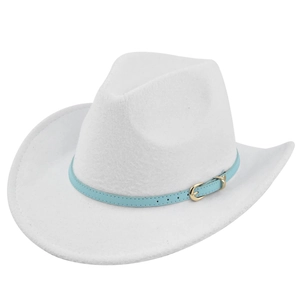Close-up of white felt cowboy hat with light blue leather band and golden buckle
