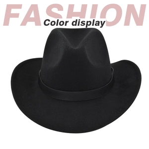 Detail view of a black felt cowboy hat with wide brim and matching decorative band