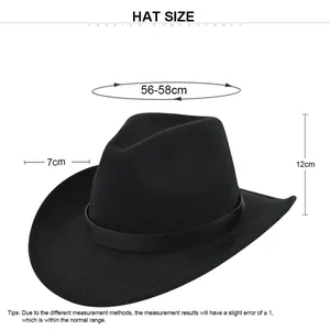 Size chart for western felt jazz hat showing 56-58cm circumference and 7cm brim width