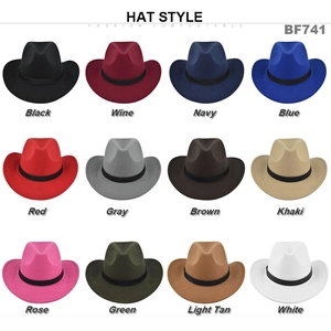 Grid layout showing 12 colors of wool felt cowboy hats with black decorative bands