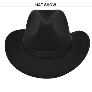 Close-up of a black wide brim wool felt cowboy hat with minimalist matching band