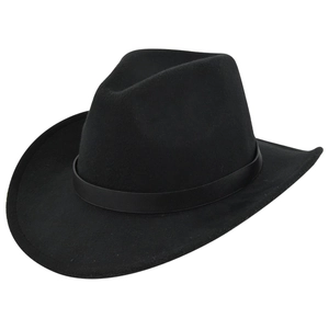 Detailed view of the black felt cowboy hat with a curled brim and leather decorative band