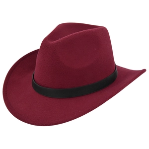 Macro detail of the burgundy felt fedora with a black matte leather decorative band