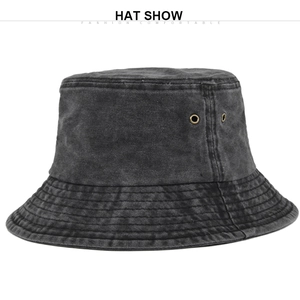 Detail eines dunkelgrauen Bucket Hats aus Denim mit Metallösen und Steppnähten