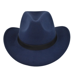 Detailed front view of navy blue wool fedora hat with a black decorative leather band