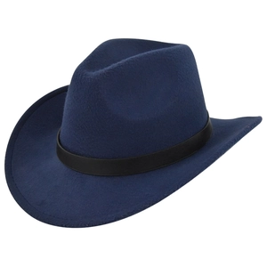 Detailed view of the wide-brimmed navy wool felt fedora with a black leather band