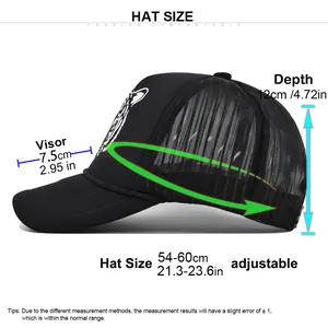 Größentabelle für verstellbare Trucker Caps mit Kopfumfang 54-60cm und Maßen