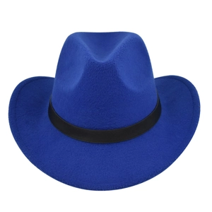 Detailed close-up showing texture of dark blue wool felt fedora with black decorative band