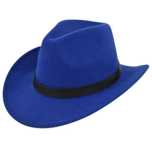 Detail view of deep blue felt cowboy hat with premium black leather decorative band