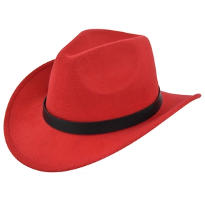 Detailed close-up of a red felt cowboy hat featuring a classic black leather decorative band