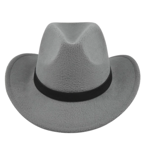 Macro shot of light gray wool felt fedora with a minimalist black decorative ribbon band