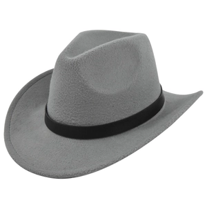 Detail view of grey felt cowboy hat featuring a black leather band on white background