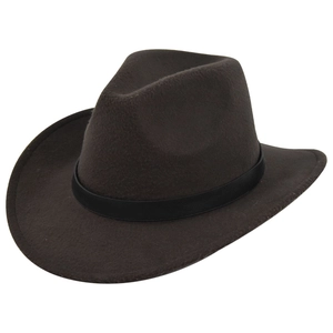 Detailed texture of dark brown wool felt cowboy hat with classic black decorative band
