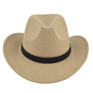 Detailed view of the khaki felt fedora hat with a black decorative ribbon band