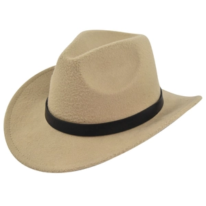 Classic beige wool felt fedora hat with black leather band on a clean white background