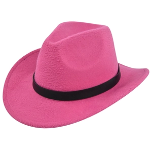 Detail shot of bright pink felt cowboy hat with a black leather decorative band