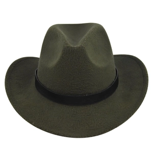 Macro detail of dark green felt cowboy hat with classic black ribbon and wide brim