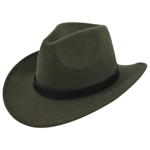 Detailed view of olive green wool felt cowboy hat with black leather band and wide brim
