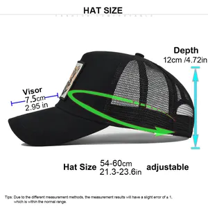 Size chart for tiger embroidery trucker hat with adjustable circumference 54 to 60 cm
