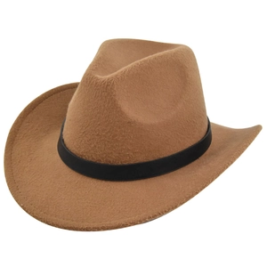 Detailed texture of brown wool felt cowboy hat with black leather decorative band