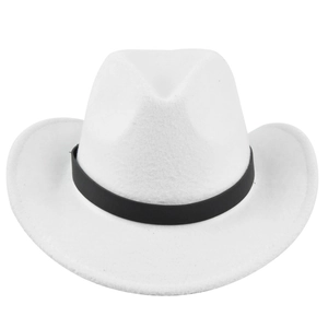 Detailed macro view of the white felt cowboy hat with a stylish black ribbon band