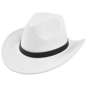 Classic white felt cowboy hat with a black minimalist band and wide brim on a white background