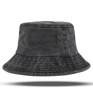 Vintage washed charcoal cotton bucket hat with metal eyelets and wide brim style
