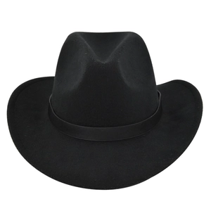 Classic black wool felt cowboy hat with wide brim and simple leather decorative band