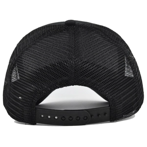 Detail view of the breathable black mesh back and adjustable snapback closure on the cap