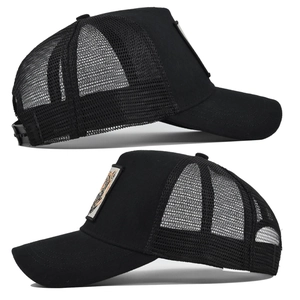 Detailed side views showing the tiger animal patch and breathable mesh on the trucker hat