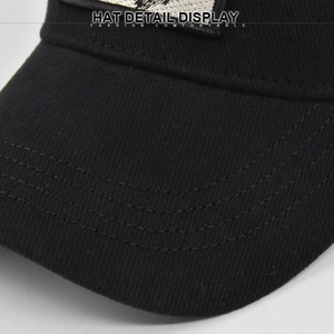 Macro detail of black cotton baseball cap brim with precise parallel reinforcement stitching