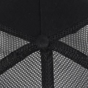 Detailed macro view of black trucker hat mesh material and top button stitching