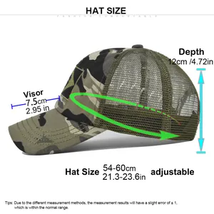 Tableau des tailles pour casquette de baseball camouflage montrant la visière et le réglage