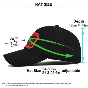 Detailed size chart showing adjustable measurements for 3D embroidery baseball cap
