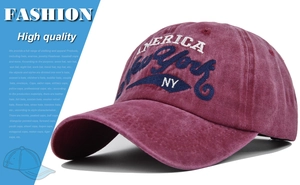 Close-up of vintage New York embroidery on washed cotton baseball cap with curved brim