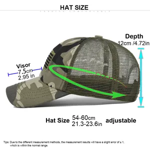 Detailed size chart showing adjustable measurements for the camouflage mesh baseball cap